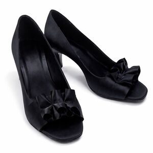 Vaneli Black Satin Peep-Toe Heels with Bow Detail